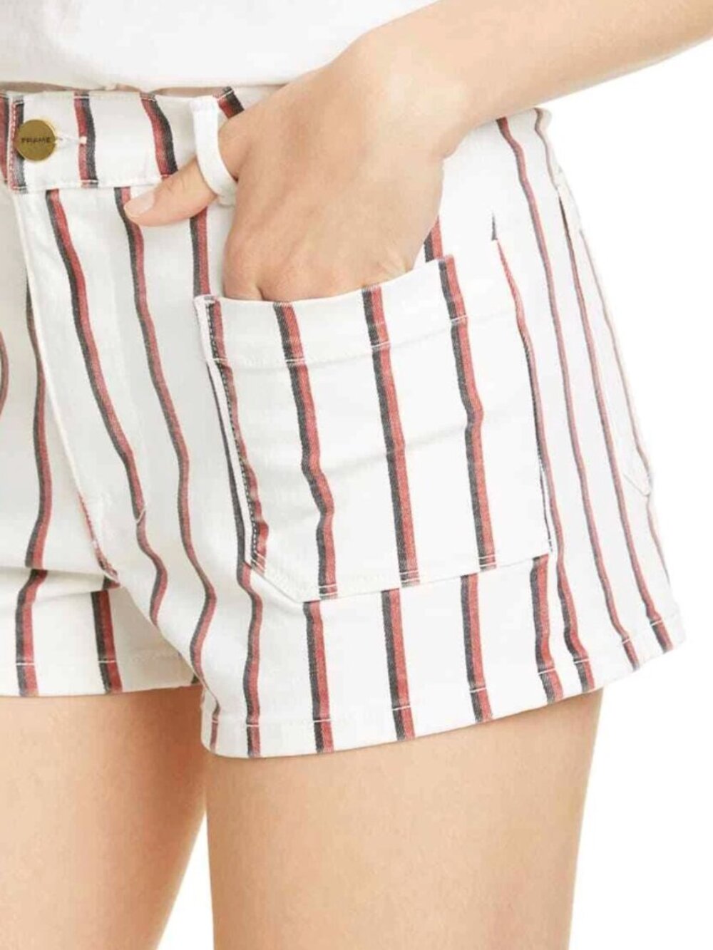 Frame Denim White Shorts with Red and Black Stripes